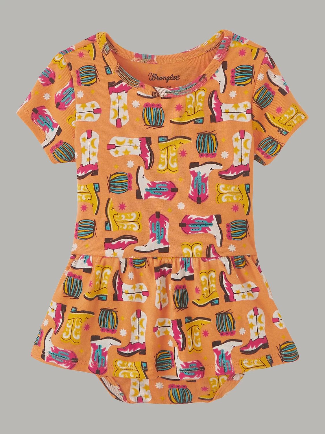 2346598 BABY GIRL WRANGLER ORANGE ONESIE WITH WESTERN BOOTS PRINT &amp; RUFFLE