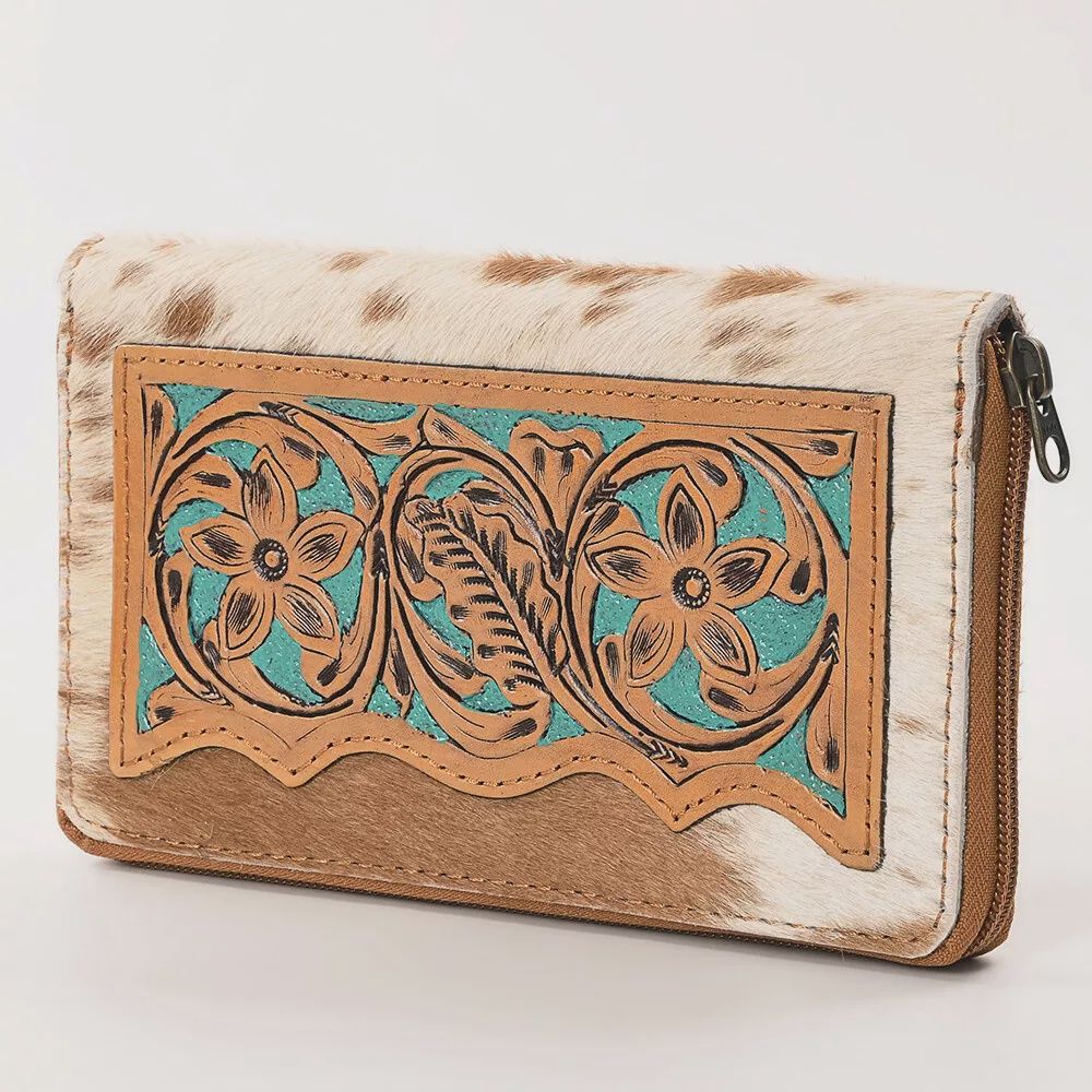 OHG141 OHLAY TOOLED LEATHER &amp; HAIR-ON ZIPPERED WALLET