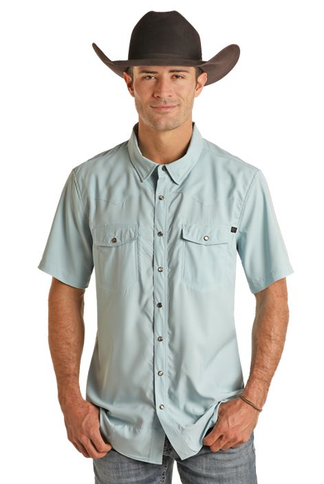 BMN3S02400 MEN&#39;S ROCK &amp; ROLL TEK SHORT-SLEEVE SOLID LIGHT BLUE RIPSTOP SNAP DOWN SHIRT