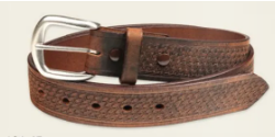 131-45 MEN&#39;S GINGERICH LEATHER ROOSEVELT DISTRESSED 1.375&quot; EMBOSSED BASKETWEAVE LEATHER BELT