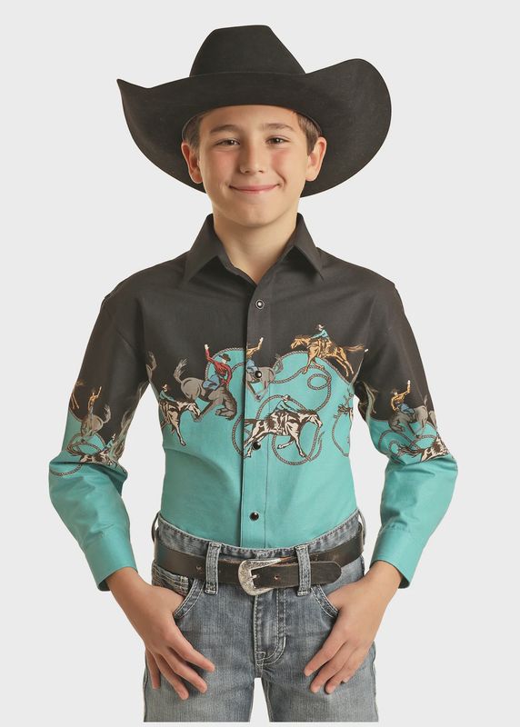 SBN2S02454 BOY&#39;S PANHANDLE COWBOY BORDER SNAP SHIRT