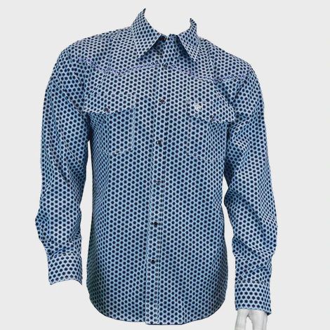 325455 BOY&#39;S COWBOY HARDWARE LONG-SLEEVE BLUE STAR PRINT WESTERN SHIRT