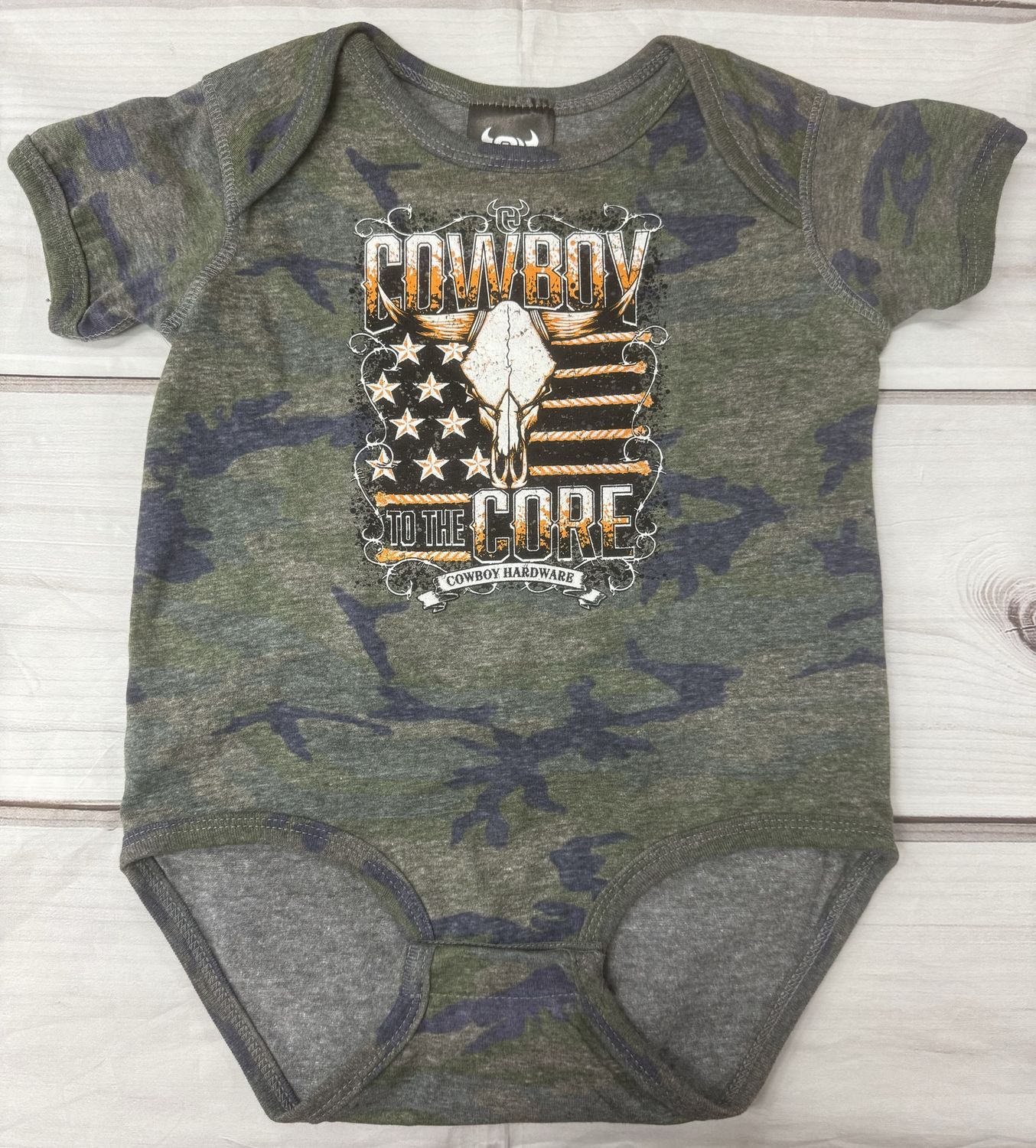 730732R-930-I INFANT BOY COWBOY HARDWARE &quot;COWBOY TO THE CORE&quot; VINTAGE CAMO SHORT-SLEEVE ROMPER