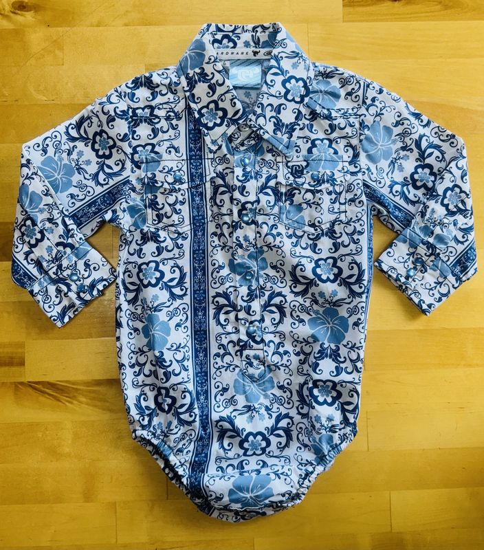 725488R INFANT COWBOY HARDWARE L/S HAWAIIN FLORAL SNAP ROMPER