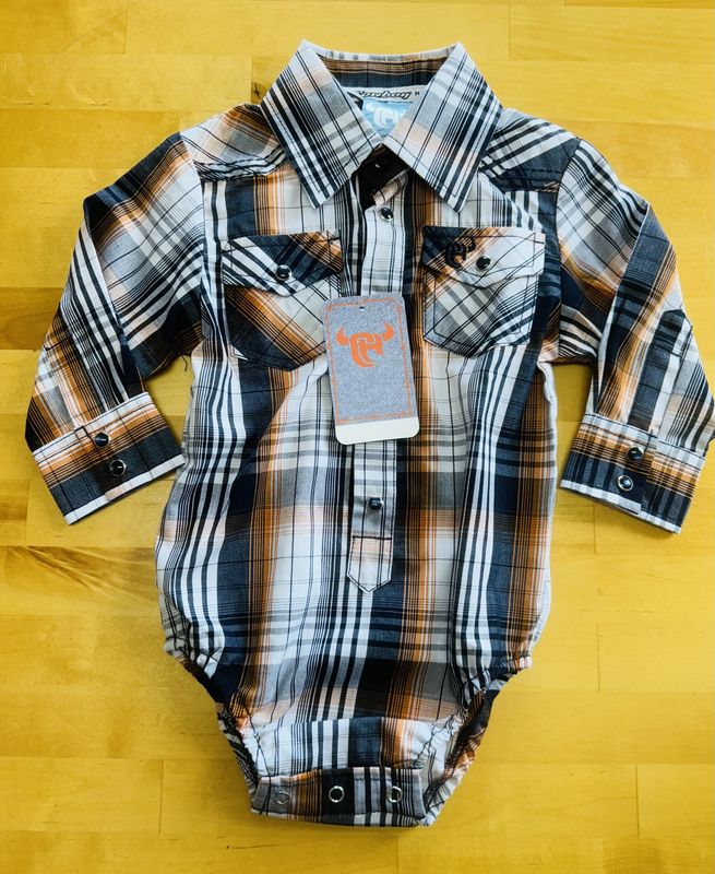 325533-480-K INFANT BOY&#39;S COWBOY HARDWARE HERMOSILLO GRADIEANT LONG-SLEEVE PLAID ROMPER