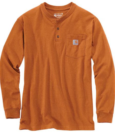 K128-Q66 MEN&#39;S CARHARTT LOOSE FIT HEAVYWEIGHT LONG-SLEEVE POCKET HENLEY T-SHIRT