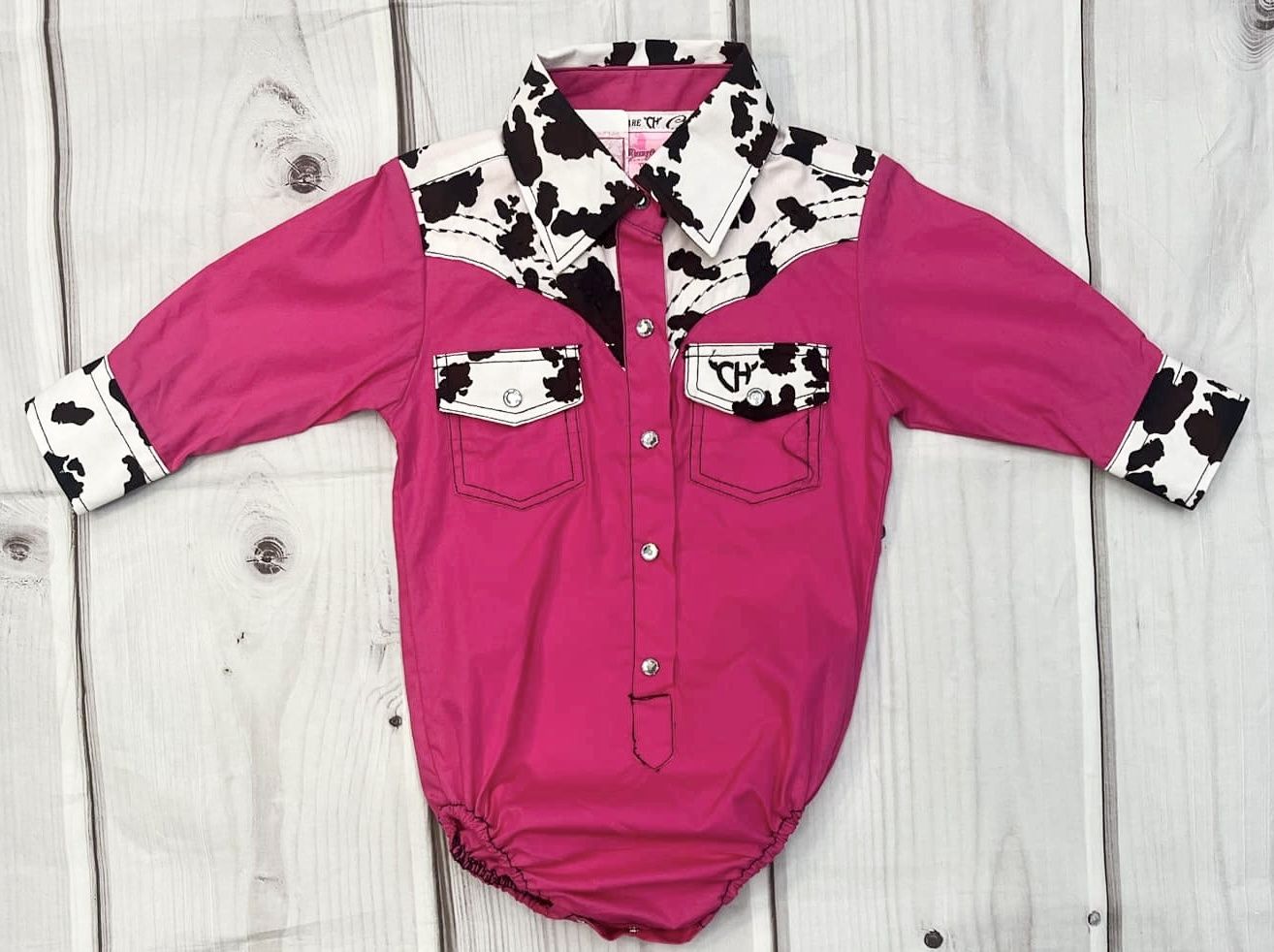 825604R-150-I GIRL&#39;S COWGIRL HARDWARE MOODY COW YOKE/PINK LONG-SLEEVE WESTERN ROMPER