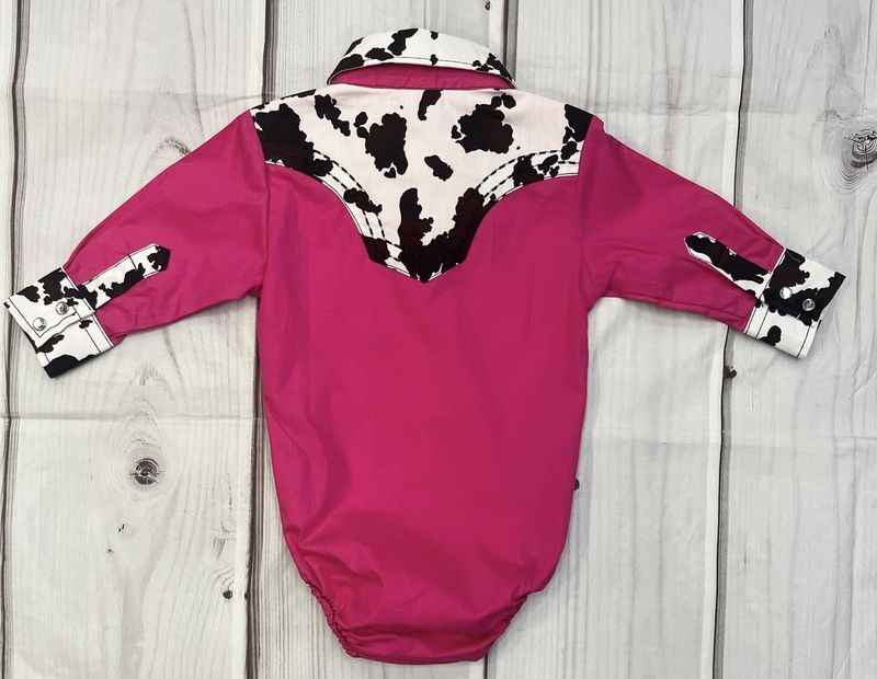 825604R-150-I GIRL'S COWGIRL HARDWARE MOODY COW YOKE/PINK LONG-SLEEVE WESTERN ROMPER