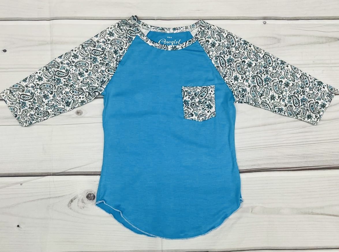 455149-390 GIRLS COWGIRL HARDWARE PAISLEY TURQUOISE RAGLAN TOP