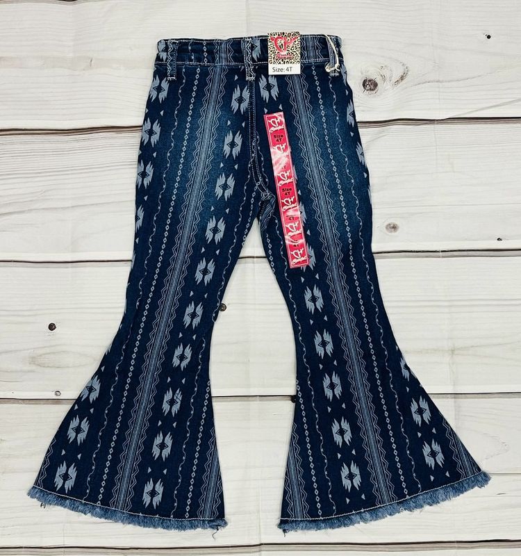 802159-450-JT GIRL'S COWGIRL HARDWARE ALL OVER AZTEC TONAL PRINT BELL BOTTOM JEAN