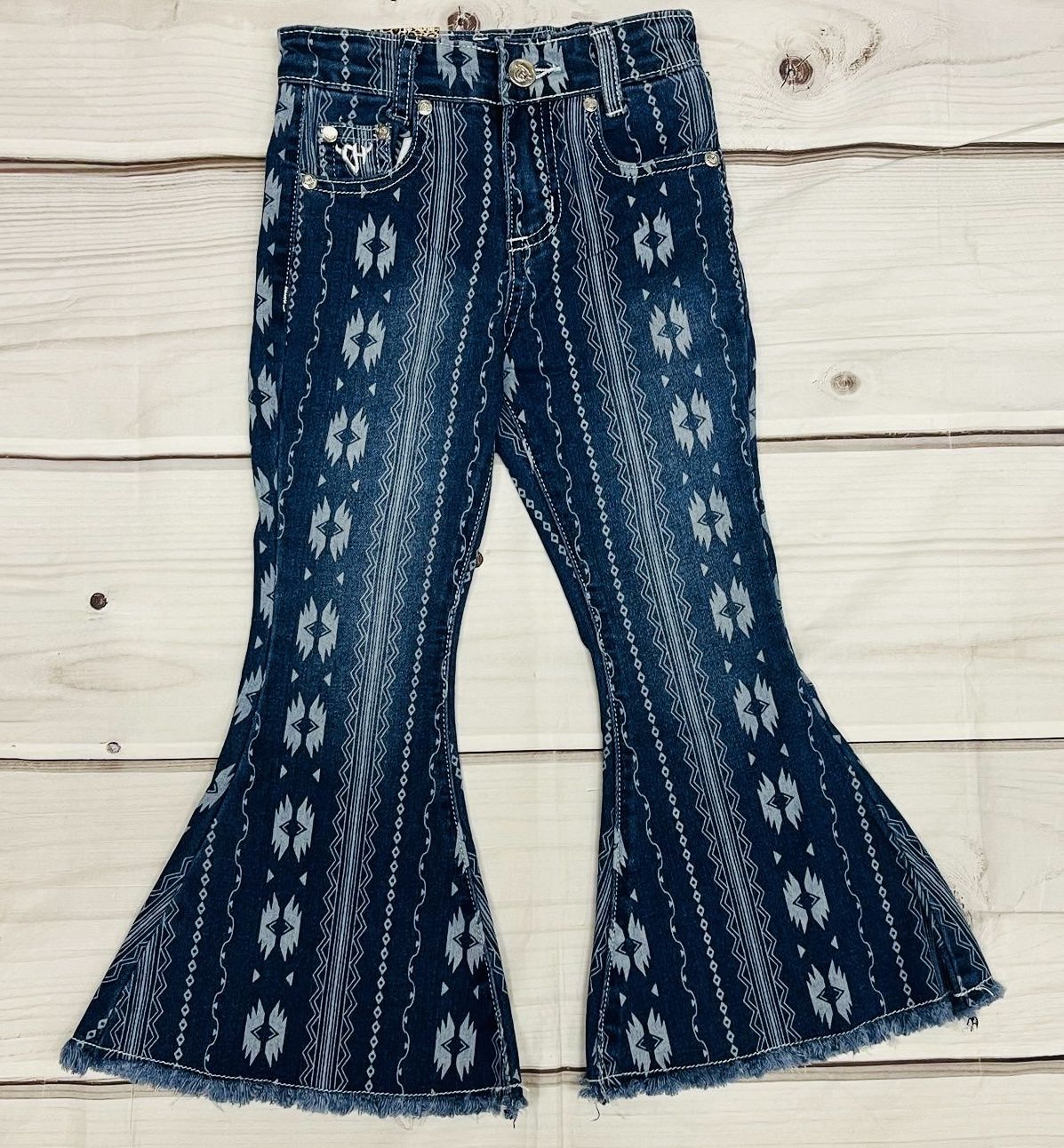 802159-450-JT GIRL&#39;S COWGIRL HARDWARE ALL OVER AZTEC TONAL PRINT BELL BOTTOM JEAN