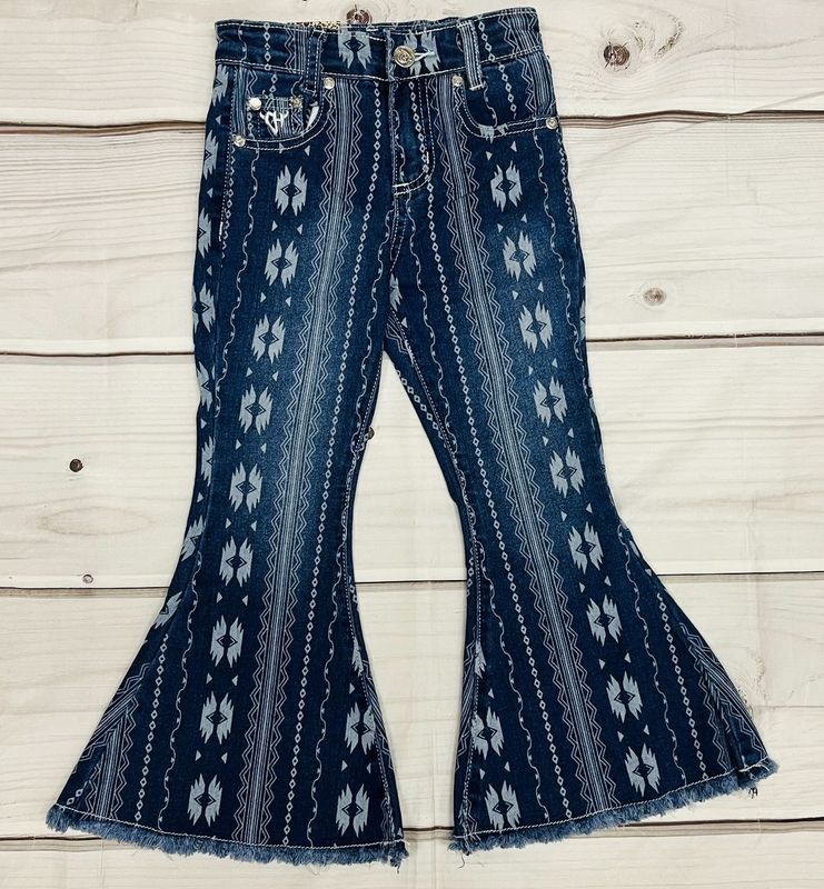 802159-450-JT GIRL&#39;S COWGIRL HARDWARE ALL OVER AZTEC TONAL PRINT BELL BOTTOM JEAN