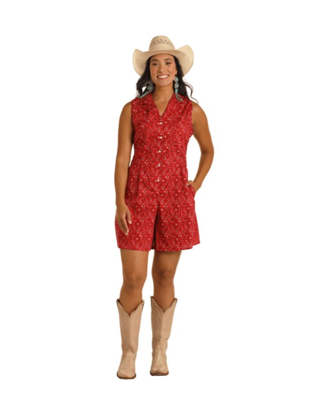 RWR2J03829 WOMEN&#39;S PANHANDLE RED PAISLEY WESTERN ROMPER