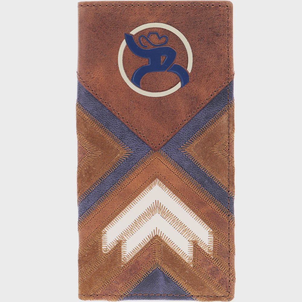 RW015-BRTN HOOEY KAMLI ROUGHY ROUGHOUT BROWN, BLUE, &amp; IVORY PATCHWORK WALLET W/ DEBOSSED ROUGHY 2.0 LOGO RODEO WALLET