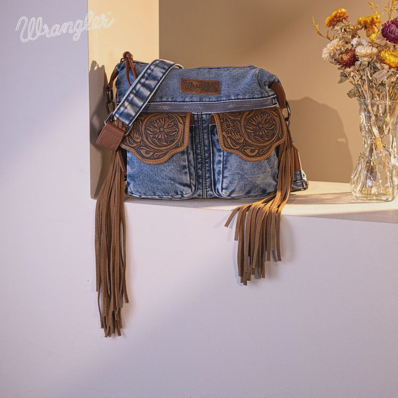 WG103-2009S WRANGLER FRINGE FLORAL TOOLED DENIM CROSSBODY - JEAN