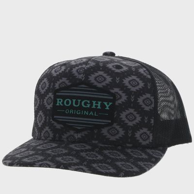 4040T-BK-Y YOUTH HOOEY TRIBE, ROUGHY BLACK TRUCKER HAT W/ BLACK, GREY, &amp; TURQUOISE PATCH