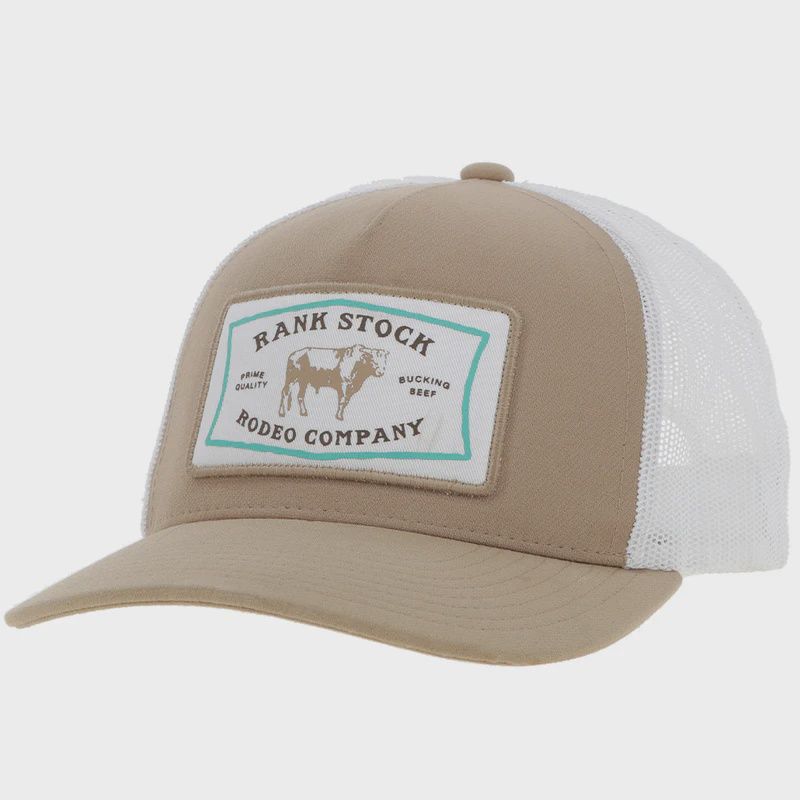 2461T-TNWH-Y YOUTH HOOEY RANK STOCK, TAN &amp; WHITE TRUCKER W/ WHITE &amp; TURQUOISE RECTANGLE PATCH