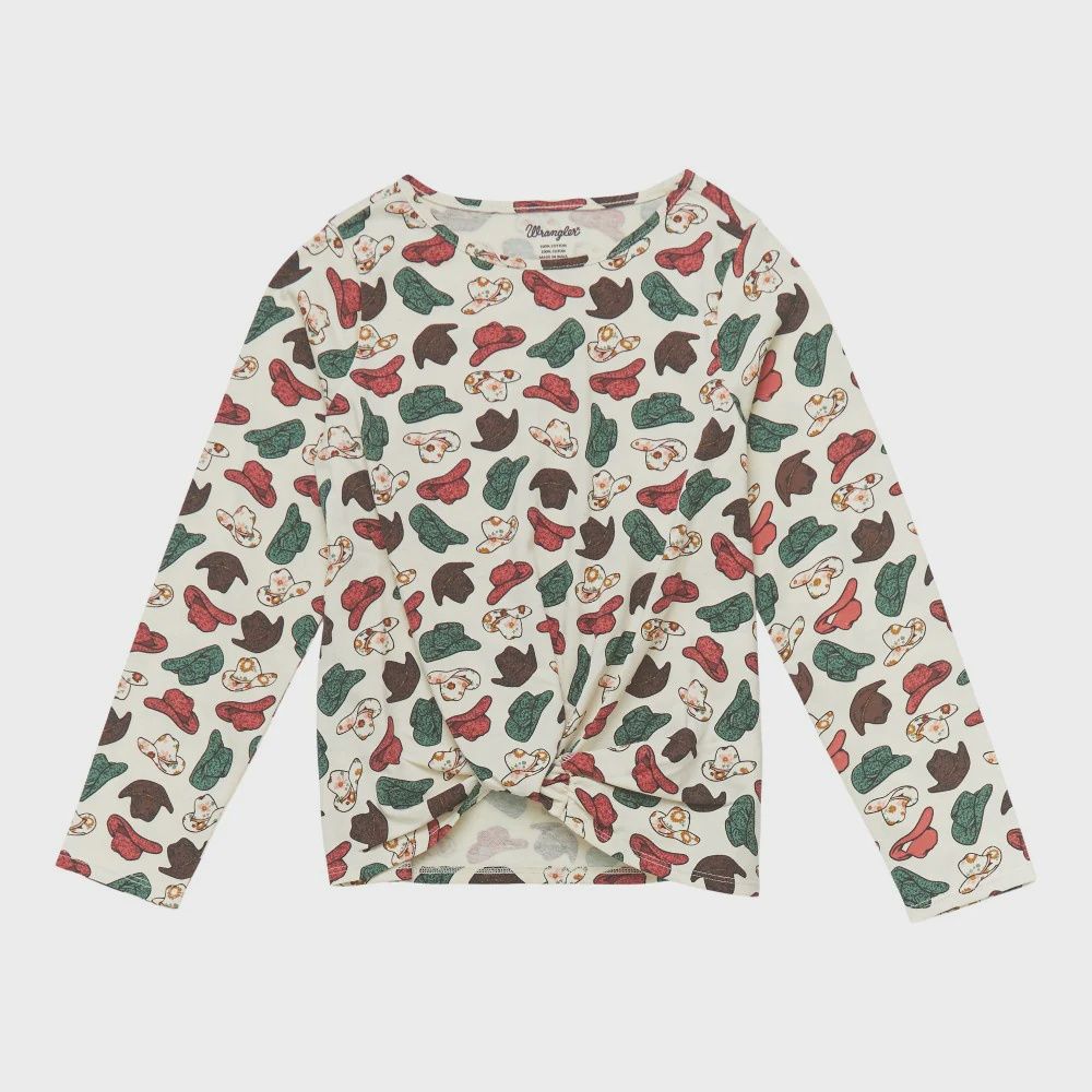 112353046 GIRL&#39;S WRANGLER CREAM COLORED COWBOY HATS PRINT LONG-SLEEVE SHIRT