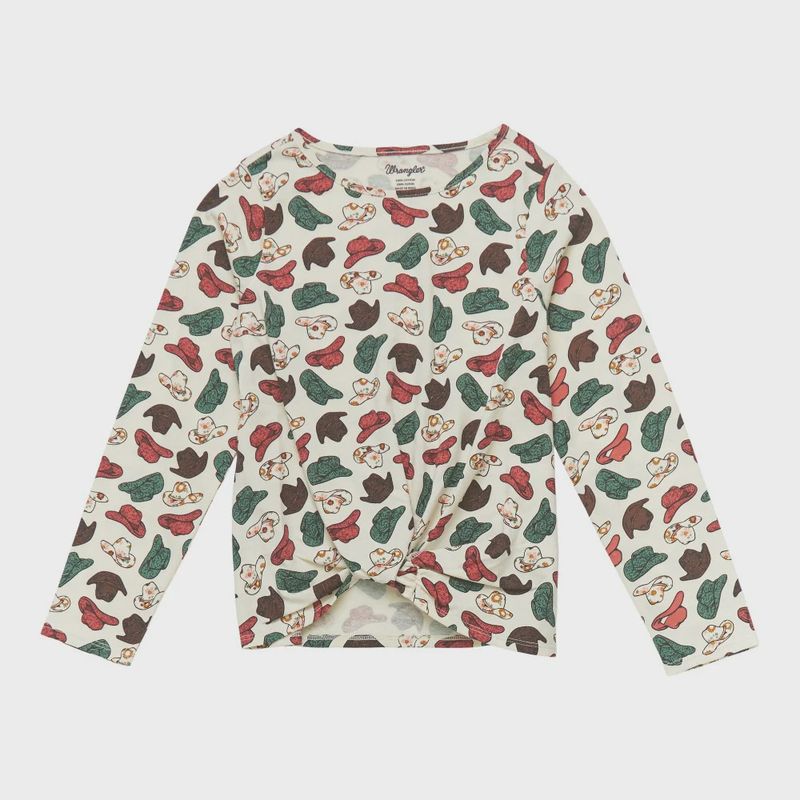 112353046 GIRL&#39;S WRANGLER CREAM COLORED COWBOY HATS PRINT LONG-SLEEVE SHIRT