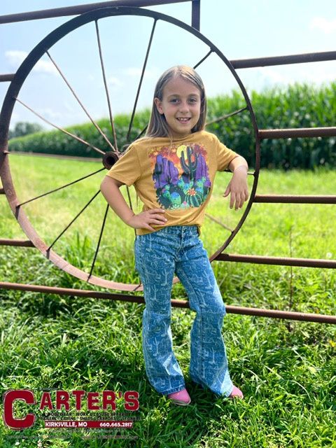 HT1716MU GIRL'S HOOEY BLAZING SUNSET COTTON/POLY MUSTARD HEATHER SHORT-SLEEVE TEE W/ DESERT SUNSET GRAPHIC