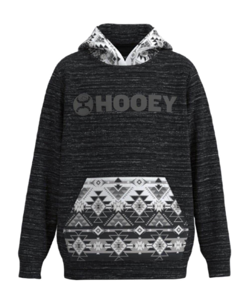HH1242BKAZ-Y YOUTH HOOEY &quot;LEGENDARY HOODY&quot; BLACK HOODY WITH HOOEY LOGO ON CHEST AND GRAY &amp; WHITE AZTEC PATTERN ON HOOD &amp; POCKET