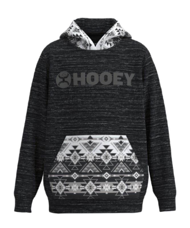 HH1242BKAZ-Y YOUTH HOOEY &quot;LEGENDARY HOODY&quot; BLACK HOODY WITH HOOEY LOGO ON CHEST AND GRAY &amp; WHITE AZTEC PATTERN ON HOOD &amp; POCKET
