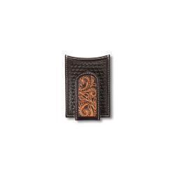 A3557444 ARIAT BLACK CARD CASE W/ BROWN TOOLED MONEY CLIP &amp; HEAVY DUTY STITCHING
