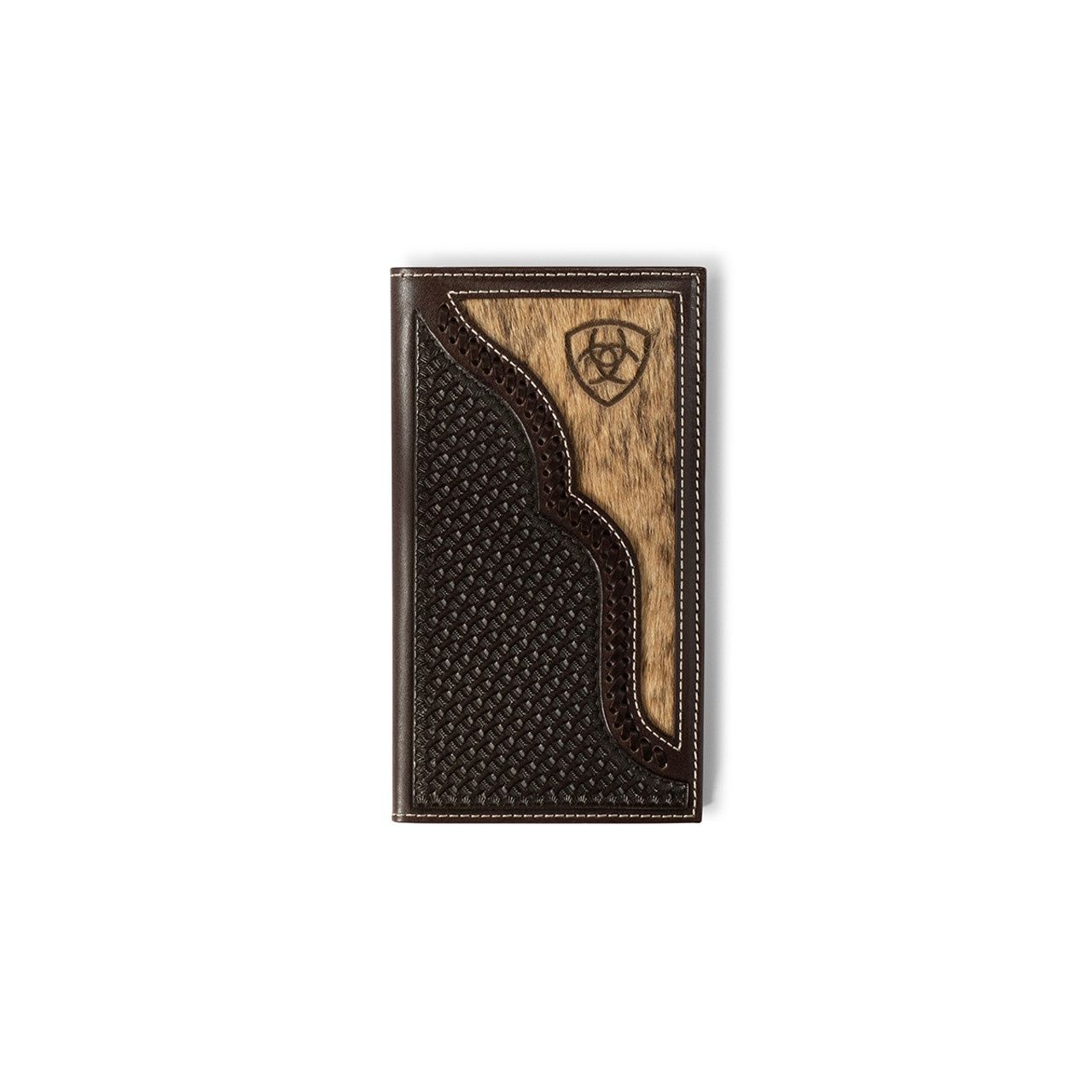 A3562647 ARIAT LEATHER BASKET WEAVE RODEO WALLET / CHECKBOOK COVER W/ HAIR-ON