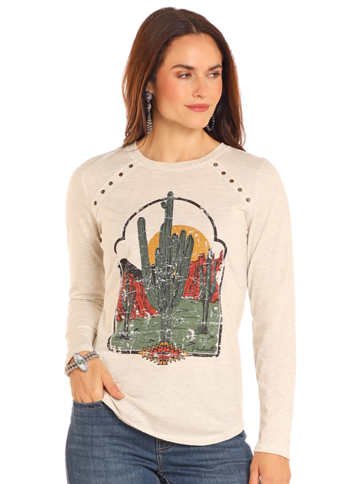 LW22T04675 WOMEN&#39;S ROCK &amp; ROLL LONG-SLEEVE GRAPHIC TEE WITH GROMMETS ACCENT