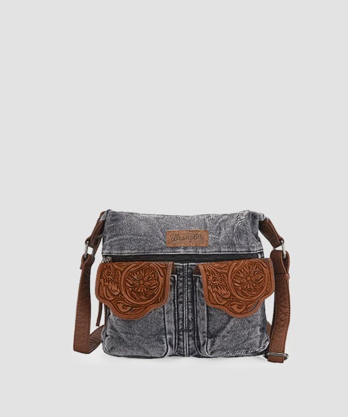 WG103-2009S WRANGLER FRINGLE FLORAL TOOLED DENIM CROSSBODY - BLACK