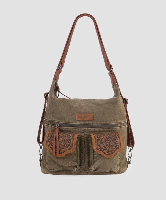 WG103-2008 WRANGLER FLORAL TOOLED DENIM HOBO / CROSSBODY CONVERTIBLE BACKPACK - OLIVE