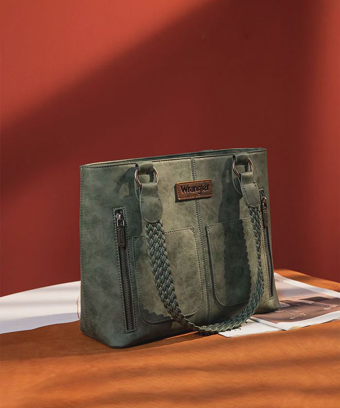 WG78-G8317 WRANGLER BRAIDED DETAIL MULTI POCKETS CONCEALED CARRY TOTE - DARK GREEN
