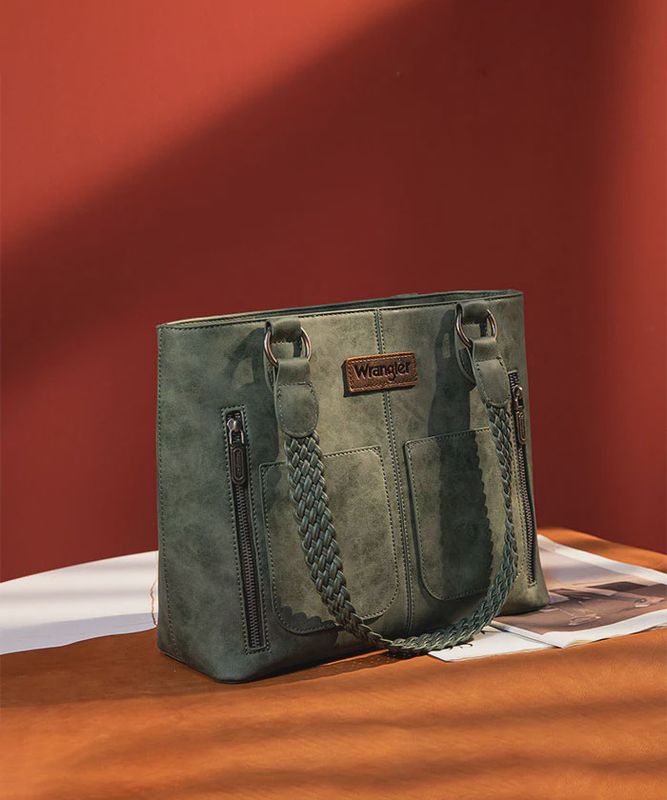 WG78-G8317 WRANGLER BRAIDED DETAIL MULTI POCKETS CONCEALED CARRY TOTE - DARK GREEN