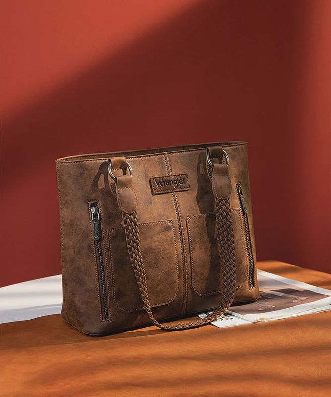 WG78-G8317 WRANGLER BRAIDED DETAIL MULTI POCKETS CONCEALED CARRY TOTE - COFFEE