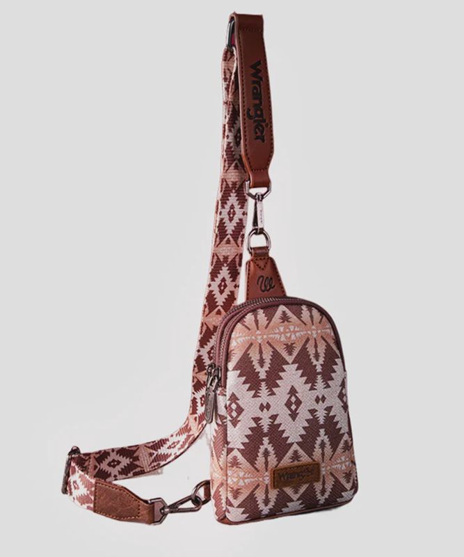WG2205-210W WRANGLER AZTEC PRINT CROSSBODY SLING CHEST BAG WITH ZIP-CARD HOLDER SET - LIGHT COFFEE