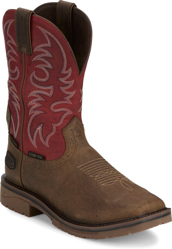 SE4753 MEN&#39;S JUSTIN 11&quot; CRIMSON RED WATER BUFFALO / TAN WATER BUFFALO - NANO COMPOSITE TOE - WATERPROOF - SQUARE-TOE WESTERN WORK BOOT