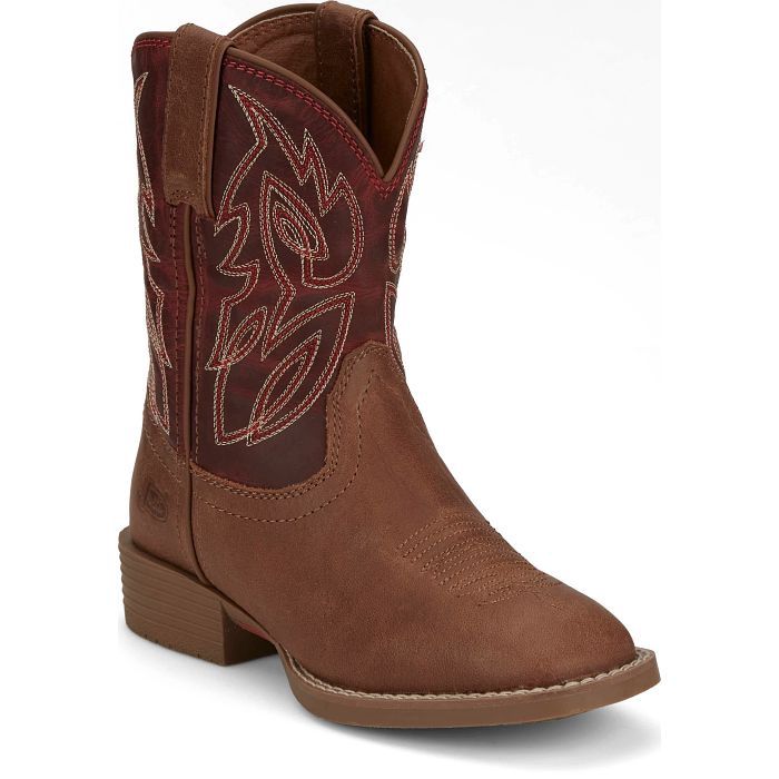 JK7514 KID'S JUSTIN CANTER JUNIOR FIERY RED WATER BUFFALO SHAFT / ROASTED COGNAC WATER BUFFALO SQUARE-TOE WESTERN BOOT