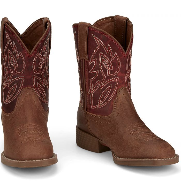 JK7514 KID&#39;S JUSTIN CANTER JUNIOR FIERY RED WATER BUFFALO SHAFT / ROASTED COGNAC WATER BUFFALO SQUARE-TOE WESTERN BOOT