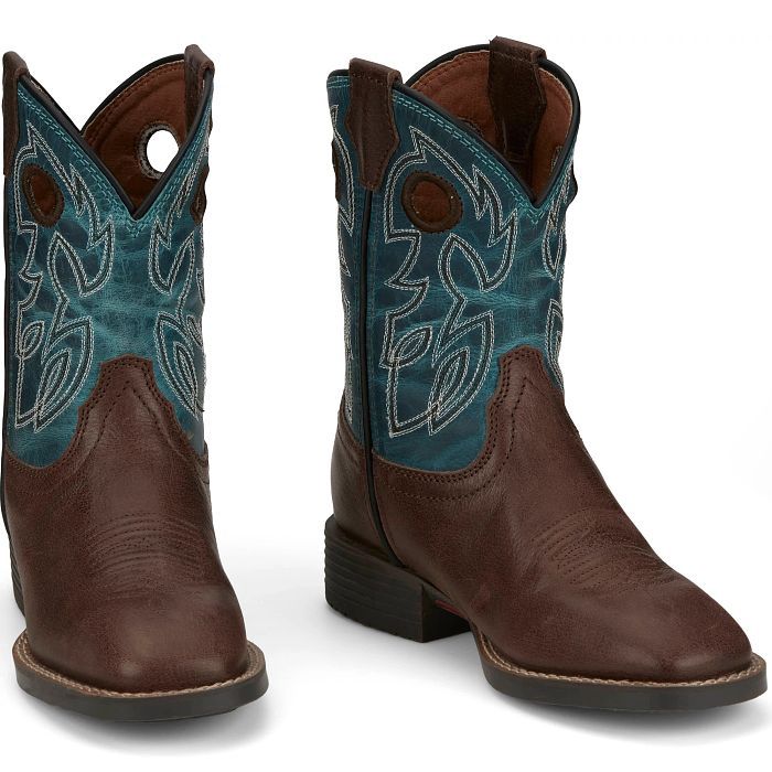JK7524 KID&#39;S JUSTIN BOWLINE JUNIOR SAPHIRE BLUE WATER BUFFALO SHAFT / WALNUT BROWN WATER BUFFALO SQUARE TOE WESTERN BOOT