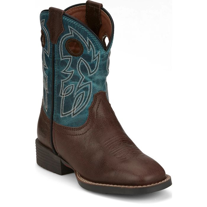 JK7524 KID'S JUSTIN BOWLINE JUNIOR SAPHIRE BLUE WATER BUFFALO SHAFT / WALNUT BROWN WATER BUFFALO SQUARE TOE WESTERN BOOT