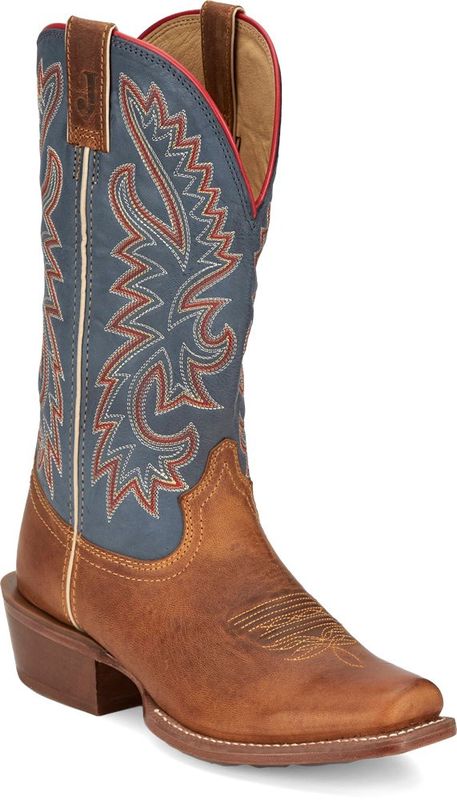 FN7251 MEN&#39;S JUSTIN SHOW OFF 13&quot; ROYAL BLUE GOAT SHAFT / OILY TAN  GOAT MEDIUM SQUARE TOE WESTERN BOOT