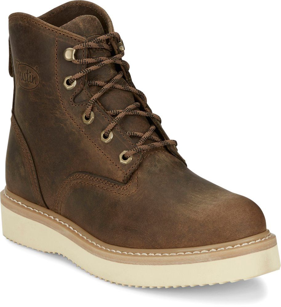OW708 MEN&#39;S JUSTIN MAXWELL 6&quot; PEANUT TAN WATER BUFFALO ROUND TOE LACE UP WORK BOOT