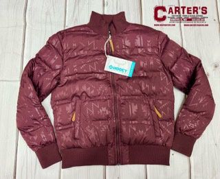HJ139MAAZ LADIES HOOEY MAROON FULL ZIP PUFFER JACKET WITH MAROON AZTEC PATTERN ALL OVER