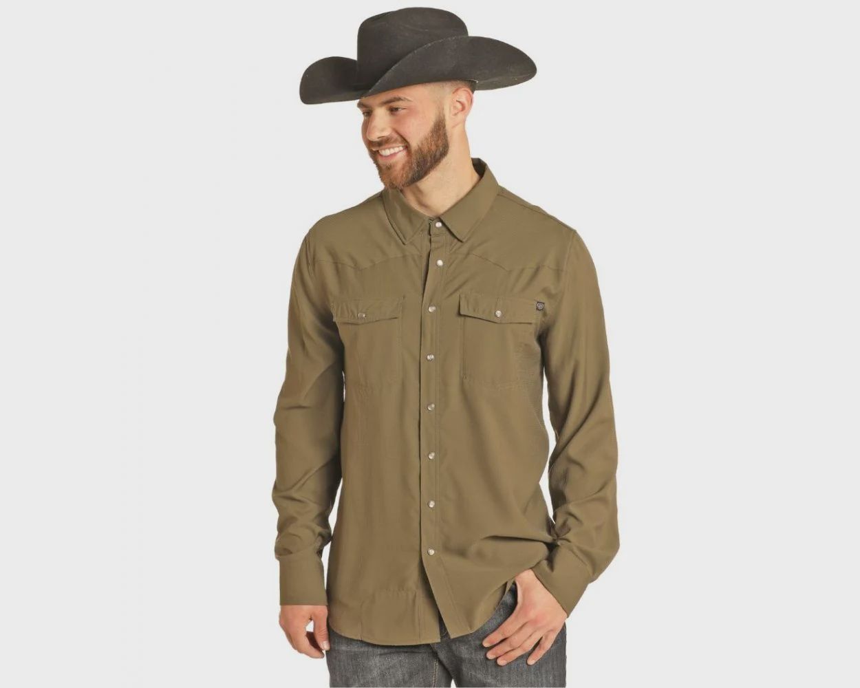BMN2S02400 MEN&#39;S ROCK &amp; ROLL OLIVE TEK RIPSTOP LONG-SLEEVE 2-POCKET LONG-SLEEVE SNAP WESTERN SHIRT