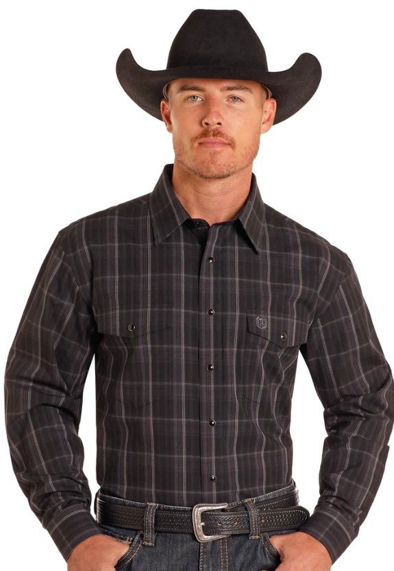 PMN2S04837 MEN&#39;S ROCK &amp; ROLL CHARCOAL LONG-SLEEVE SATIN PLAID WESTERN SHIRT