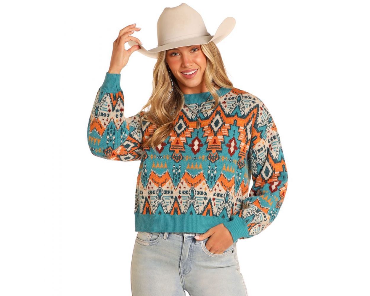 BW32T04485 WOMEN&#39;S ROCK &amp; ROLL MINT ALL OVER AZTEC SWEATER