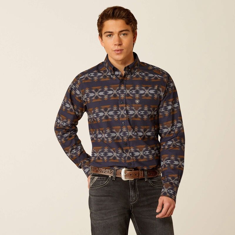 10052365 MEN&#39;S ARIAT &quot;TRIPP&quot; FITTED DARK BLUE LONG-SLEEVE AZTEC PRINTED WESTERN SHIRT