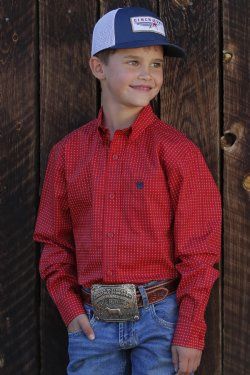 MTW7060353 BOY&#39;S CINCH RED PRINT WITH &quot;$$&quot; SIGNS BUTTON-DOWN LONG-SLEEVE WESTERN SHIRT