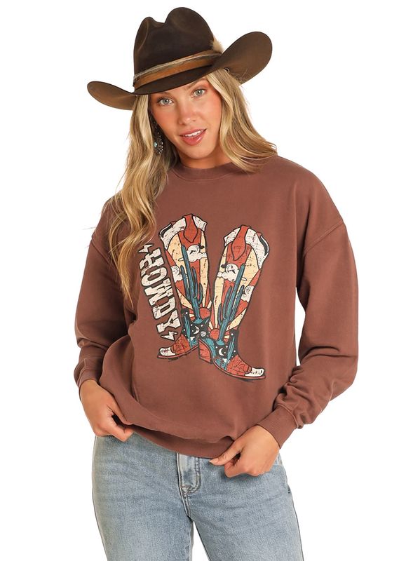 BW91T04531 WOMEN&#39;S ROCK &amp; ROLL CHOCOLATE &quot;HOWDY&quot; OVERSIZED SWEATSHIRT