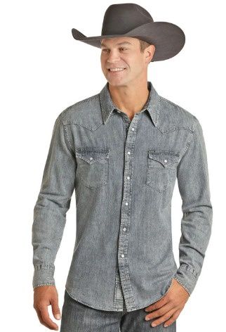 B2S2311 UNISEX ROCK &amp; ROLL 2-POCKET LIGHT DENIM SOLID LONG-SLEEVE SNAP WESTERN SHIRT